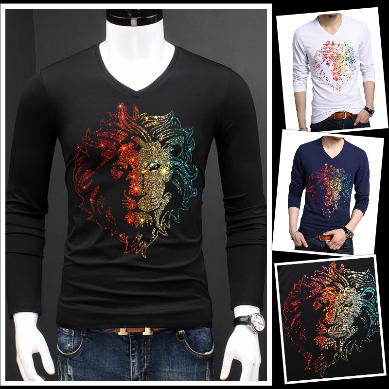 New Fashion Diamond Shinny Lion Rhinestones Long Sleeve Luxury Men T-Shirt