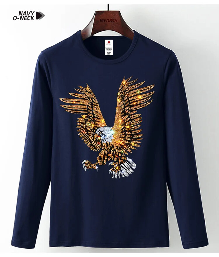 Fashion Trend Eagle Rhinestones Streetwear Long Sleeve Luxury Men V-Neck T-Shirt