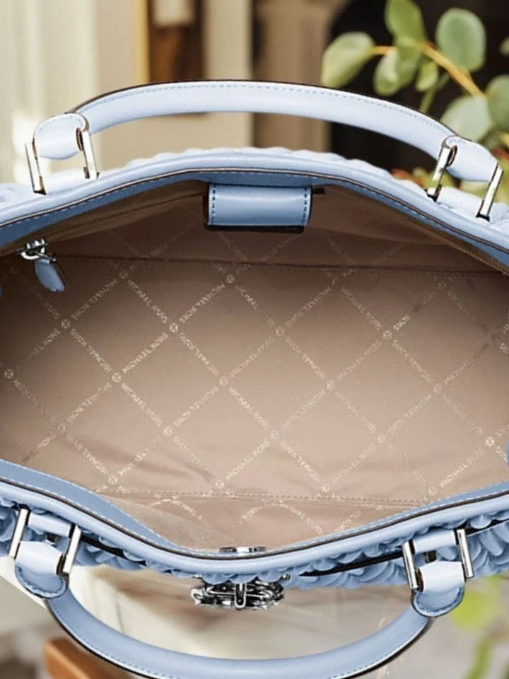 Michael Kors Hamilton Women Medium Matelassé Satchel Bag + Coin Purse Pale Ocean