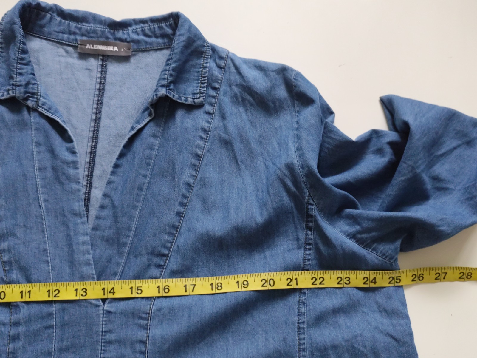 Alembika 4 Light Denim Green Stitch Collared V Neck 3/4 Sleeve Pockets Dress XL