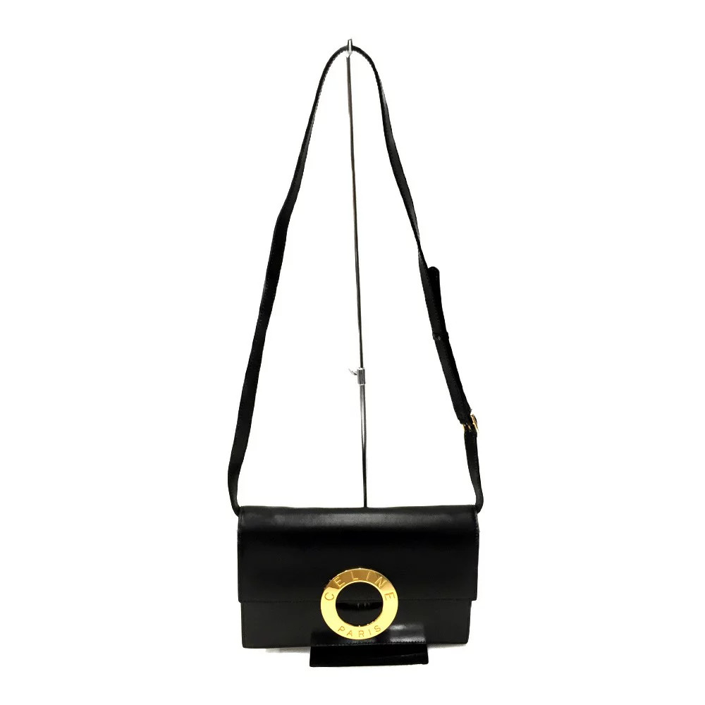 CELINE Vintage Circle Logo Leather Shoulder Bag Black M13 Authentic