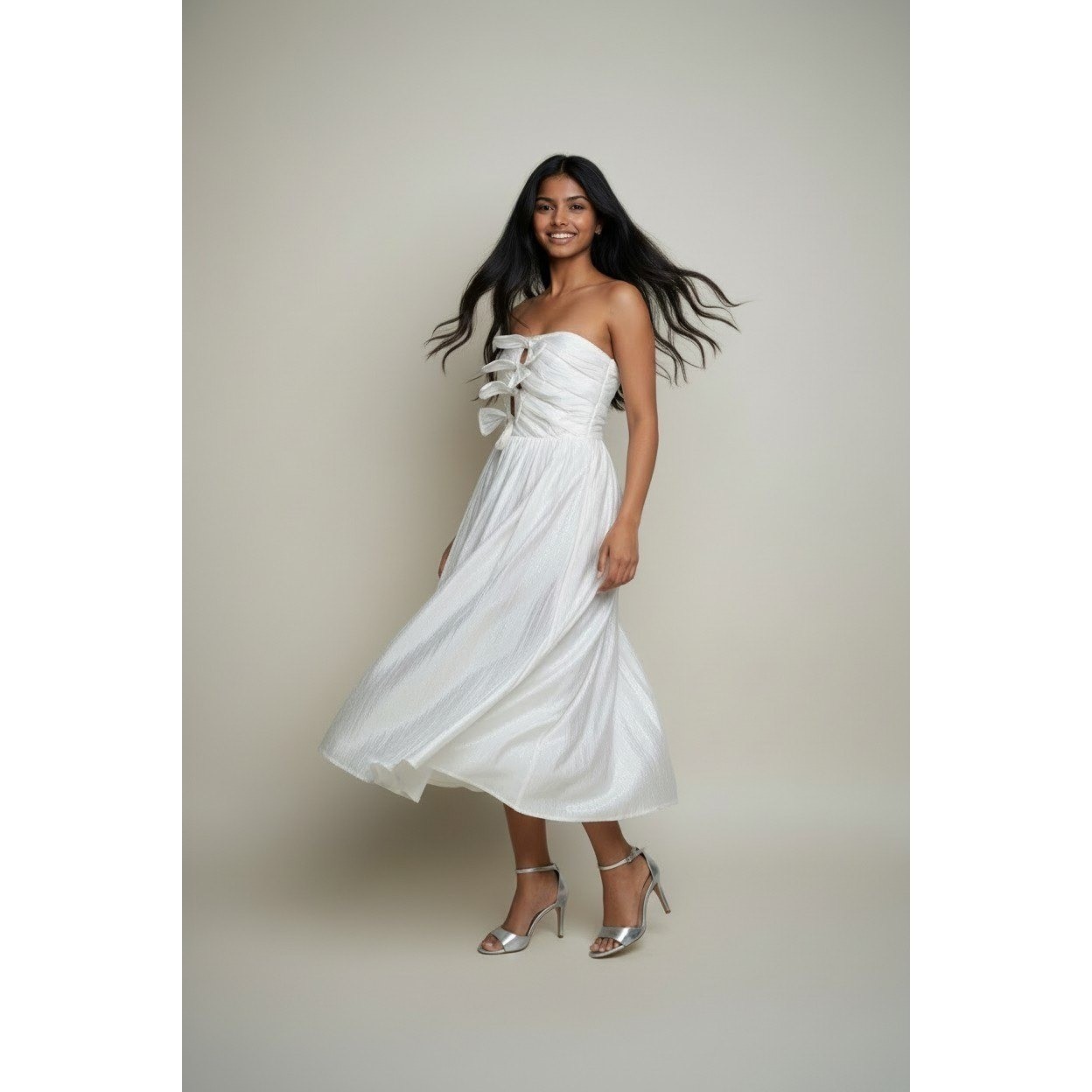 Storia Womens S White Shimmer Plisse Strapless Bow Cutout Midi Dress Formal Prom