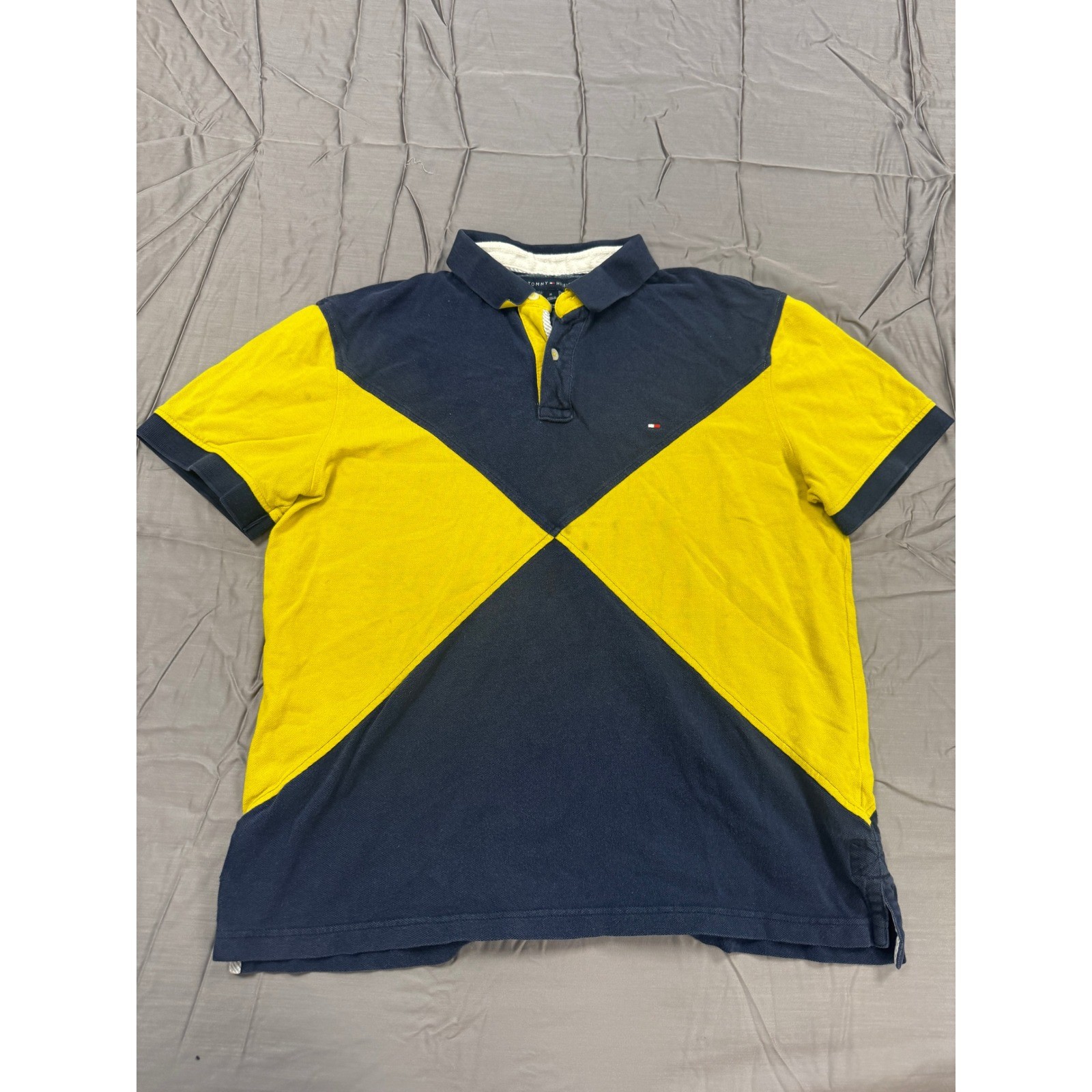 Tommy Hilfiger Mens Custom Fit Colorblock X Polo Shirt Navy Yellow Size M