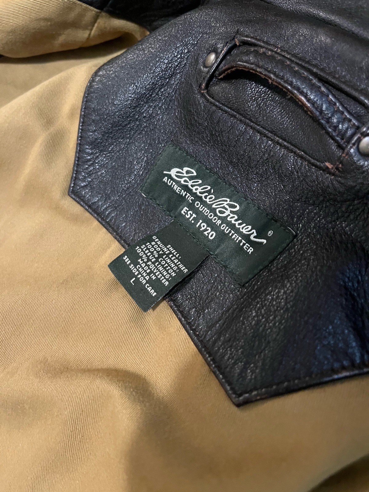 Eddie Bauer Men’s Brown Leather Full Zip Lined Jacket Point Collar Size L