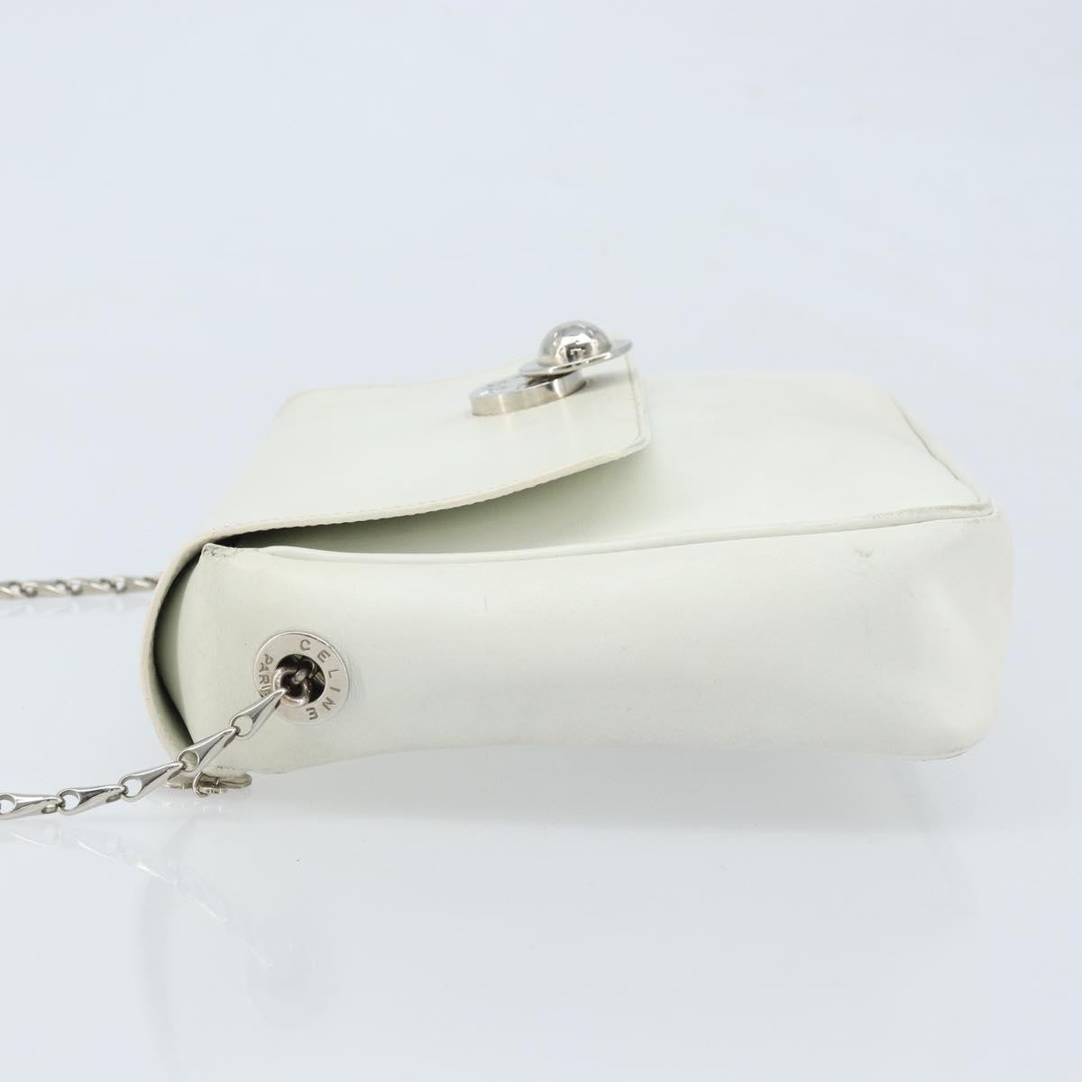 CELINE Star Ball Chain Shoulder Bag Leather White Silver Auth LNZ806