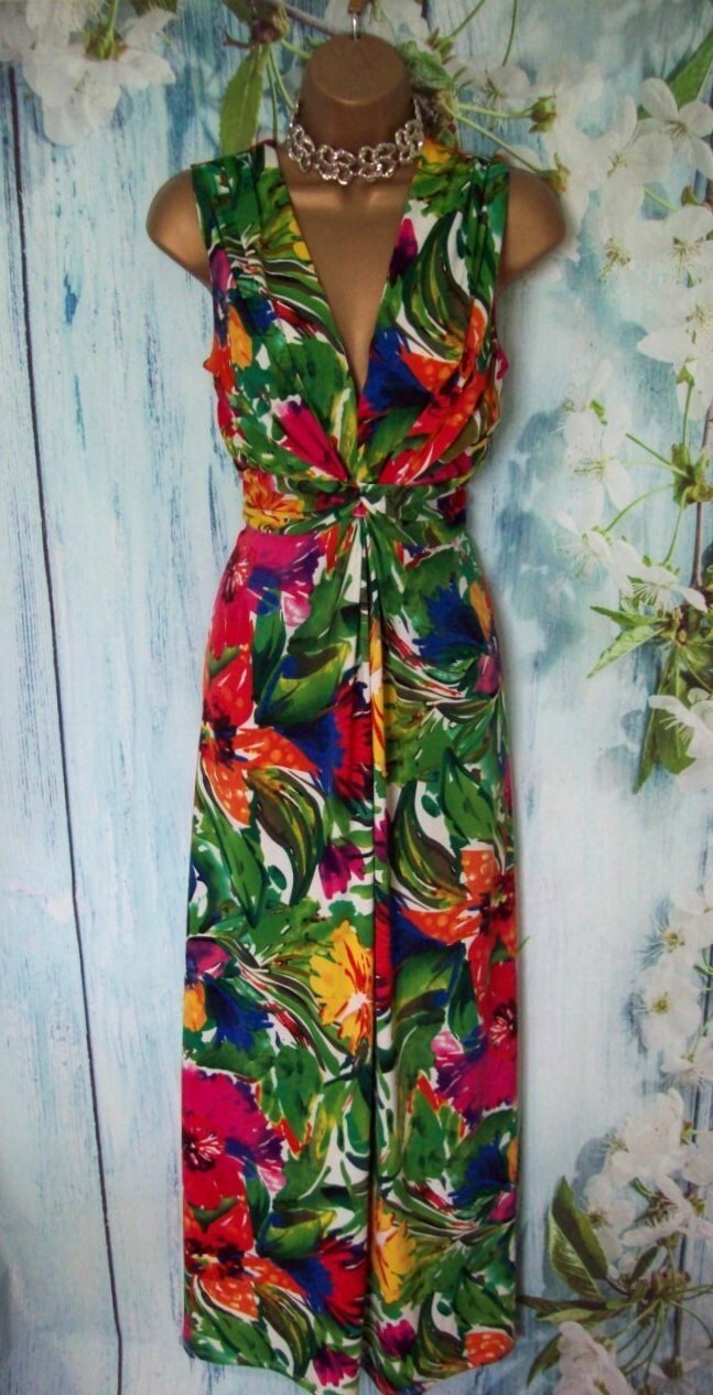 Debenhams Tropical Floral Maxi Dress Size 18 Twist Knot V Neck Slinky Summer