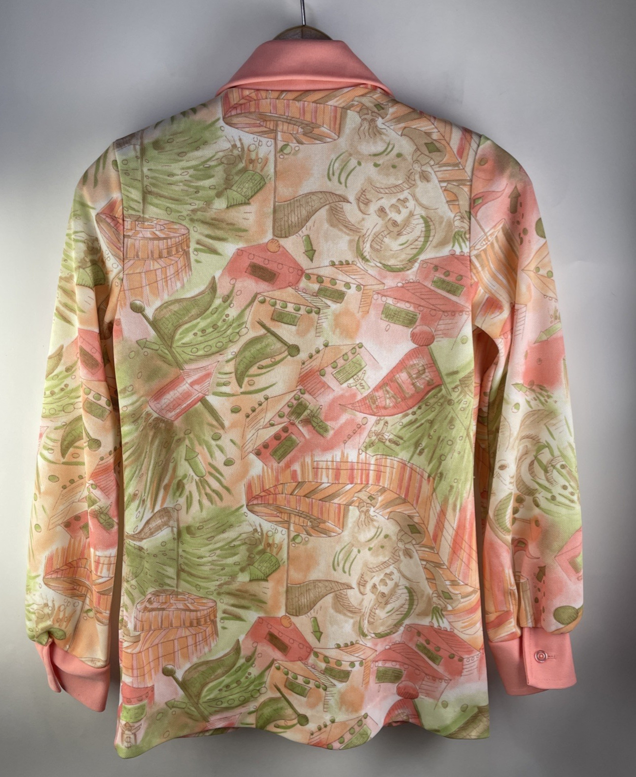 Vtg Novelty Print Polyester Blouse Retro Mod Women’s S Pink Green