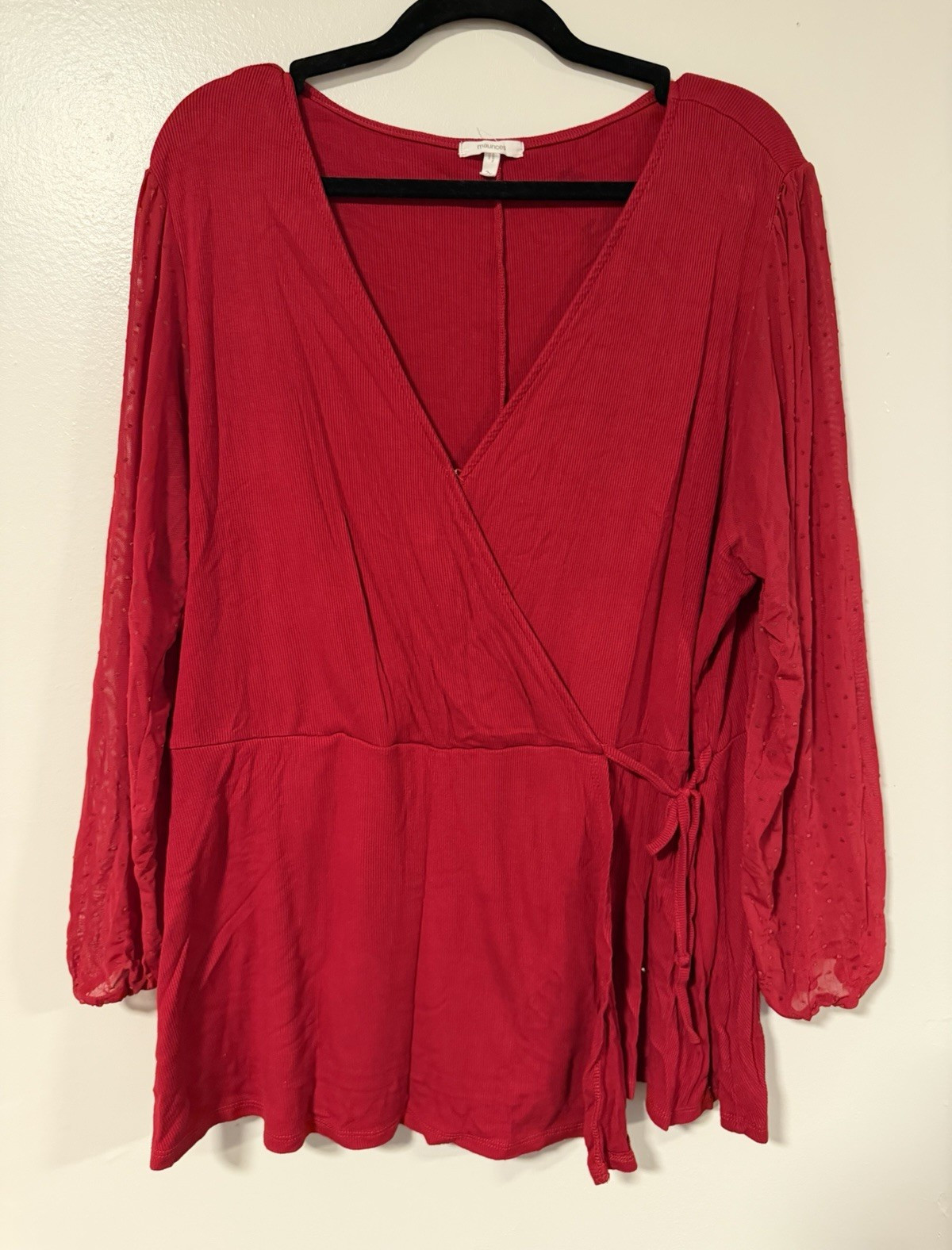 Maurices 2X Red Solid V-Neck Long Sleeve Wrap Tie Knit Blouse for Women Plus