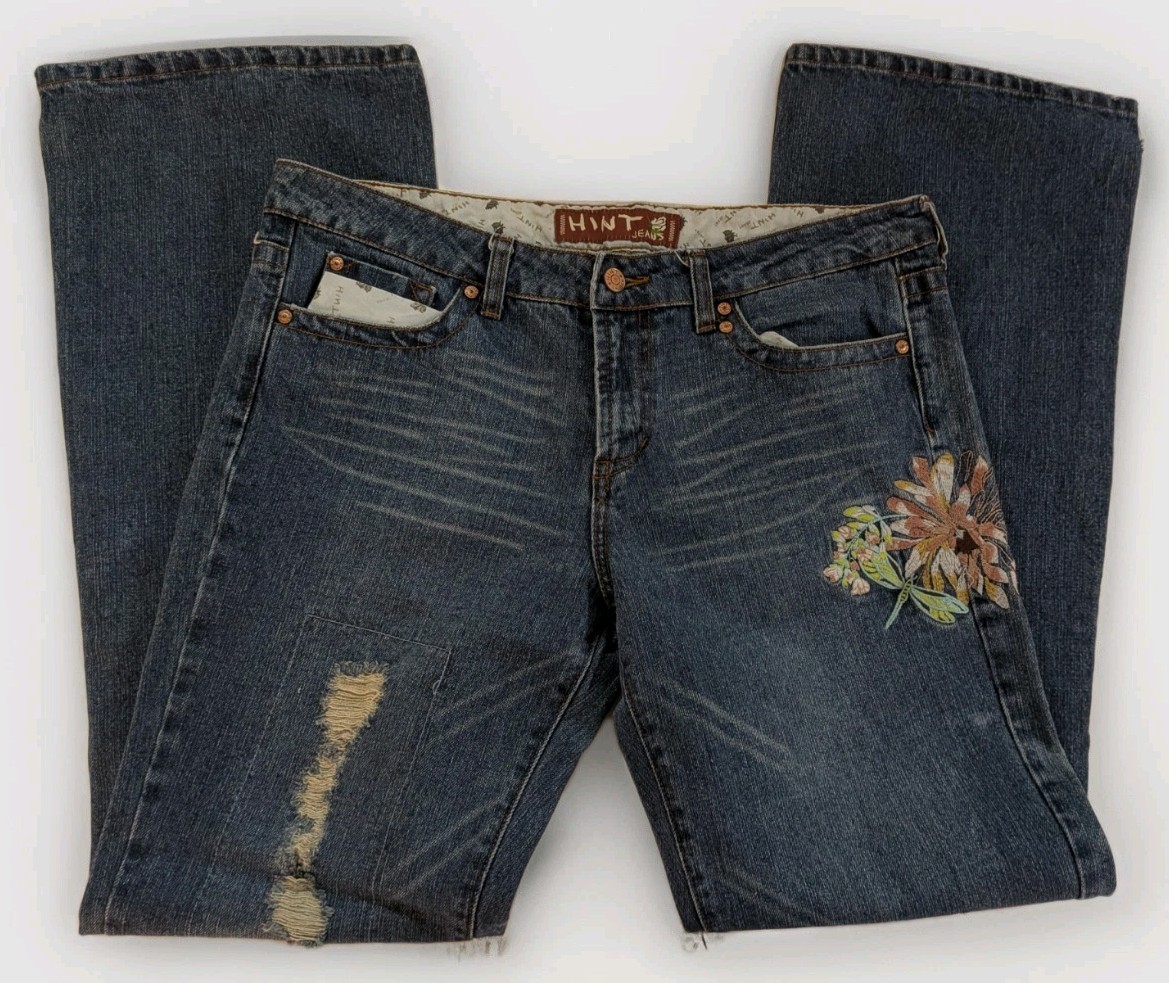 Hint Jeans Women’s Size 13 Blue Embroidered Cotton Distressed Flared Boot Cut