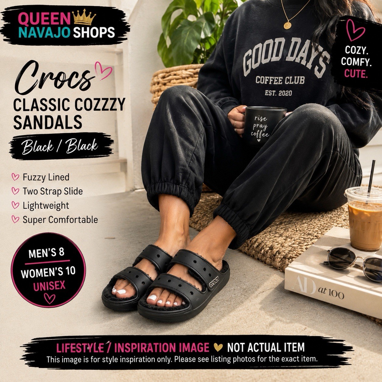 Crocs Classic Cozzzy Sandals Black Fuzzy Lined M8 W10 Unisex Slides 207446