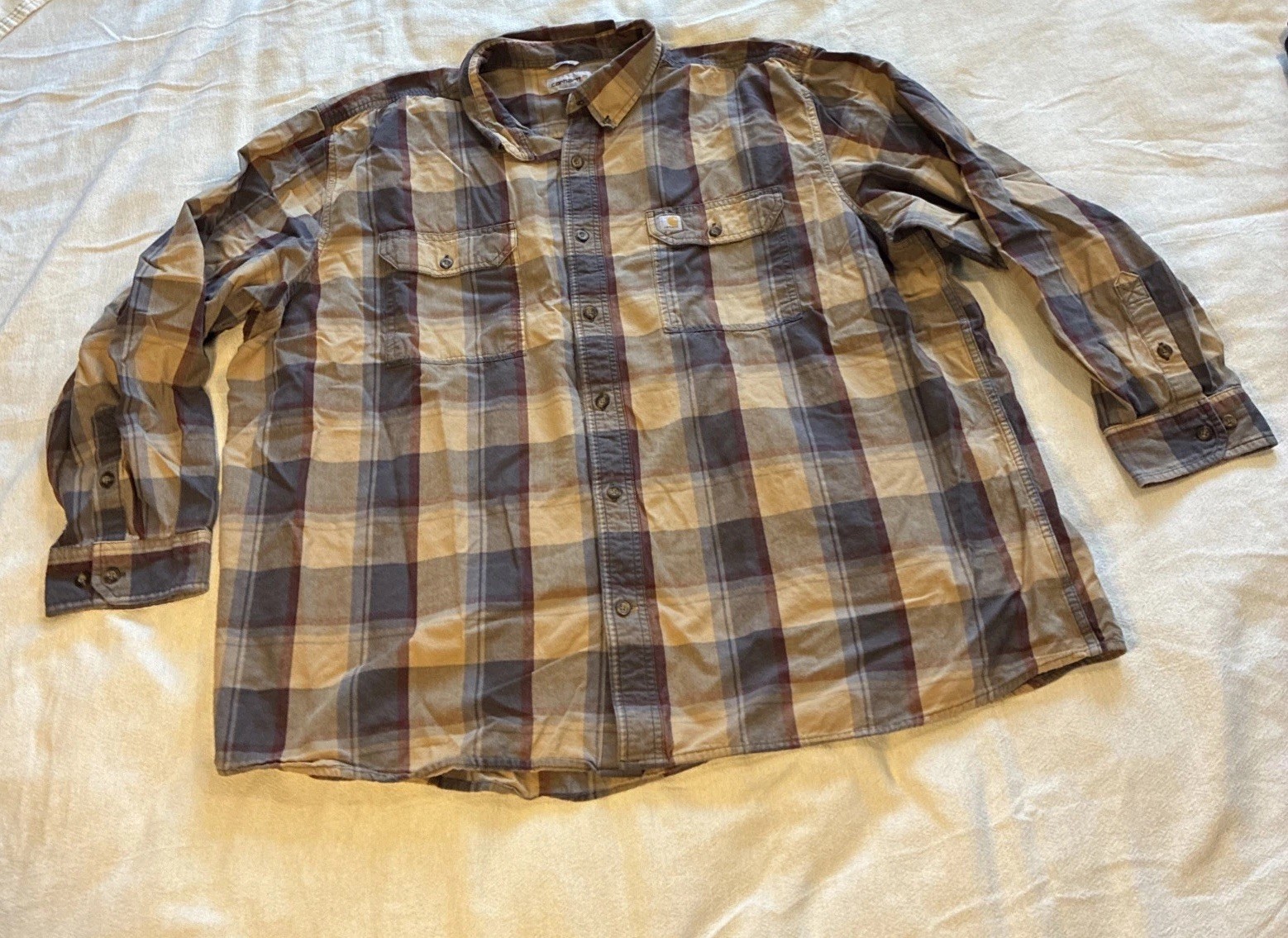 Carhartt Mens 3XL Original Fit Plaid Flannel Button Down Shirt Tan Brown Blue