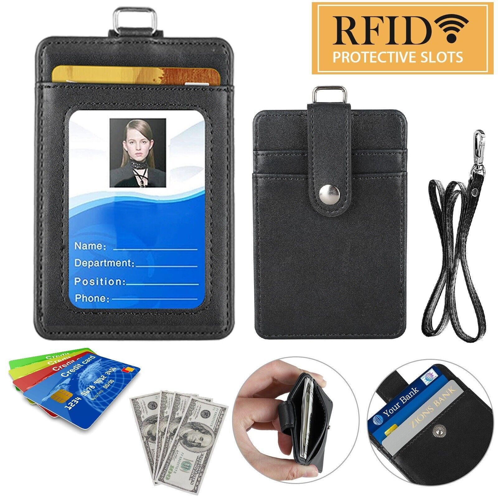 ID Badge Card Holder Synthetic PU Leather Vertical Wallet Pocket with Lanyard
