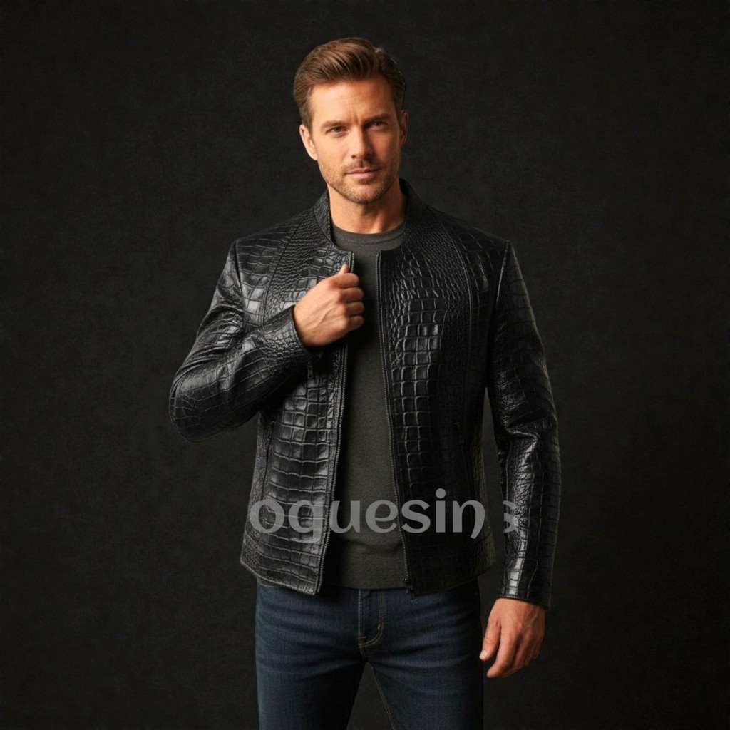 Men’s Black Leather Jacket Crocodile Embossed Pattern Alligator Leather Jacket