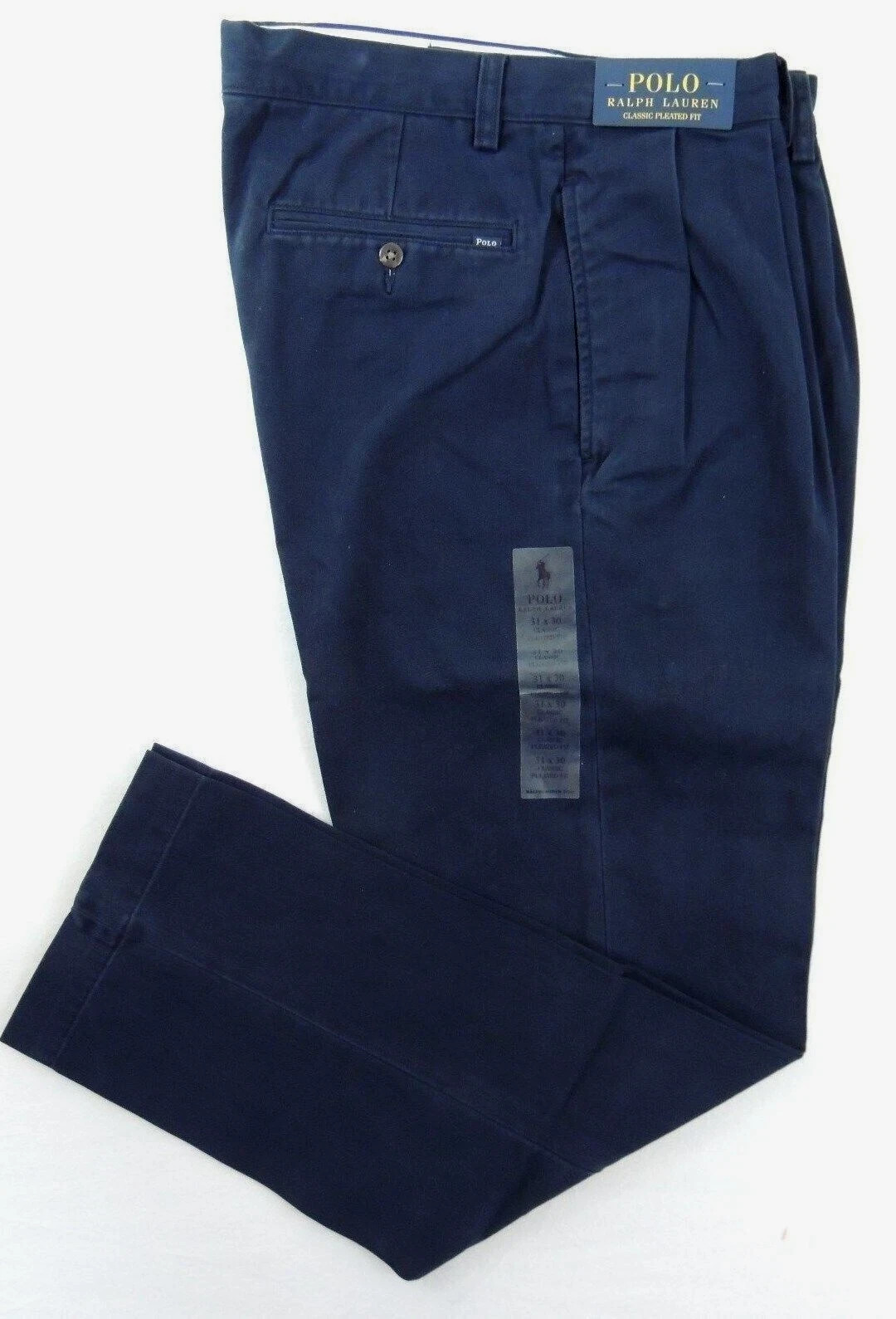 Men Polo Ralph Lauren Logo Chino Classic Fit Pleated Golf Work Pants Navy 32 34