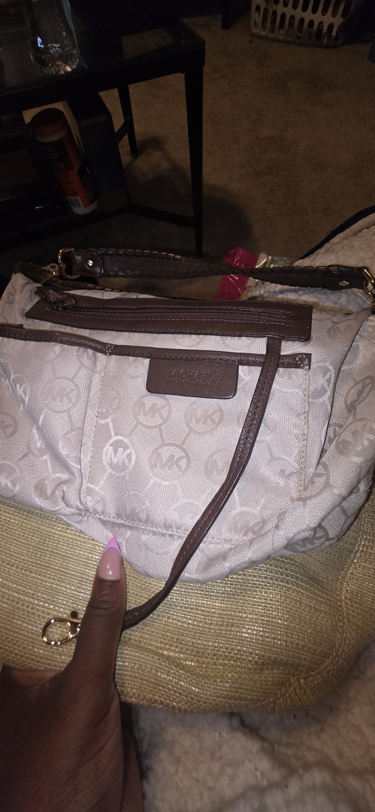 michael kors logo shoulder bag beige brown whipstitch tassel charm gold hw