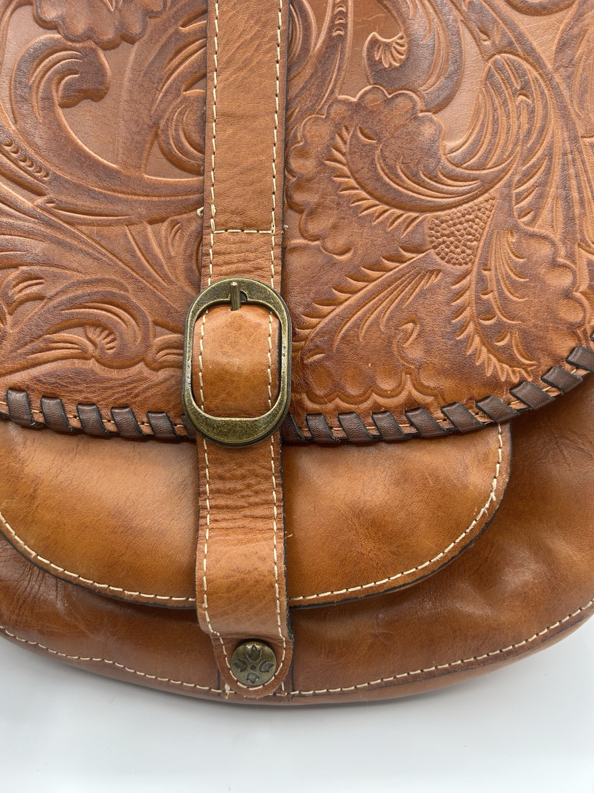 Patricia Nash Barcelona Large Saddlebag Tooled Italian Leather Brown Western