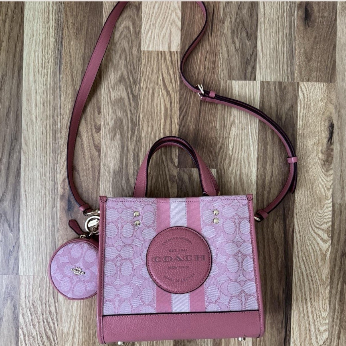 authentic pink coach dempsey 22 tote bag with pink round coin purse