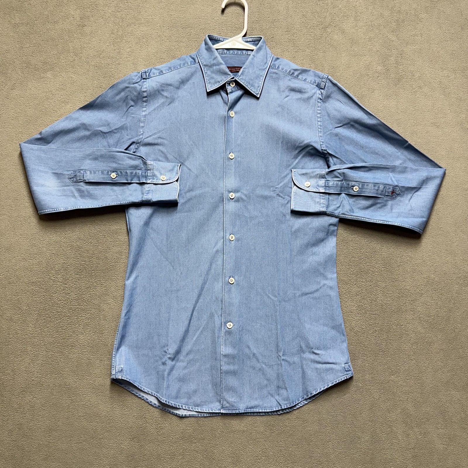 Glanshirt Shirt Mens 38/15 Small Blue Denim Chambray Long Sleeve Made In Italy
