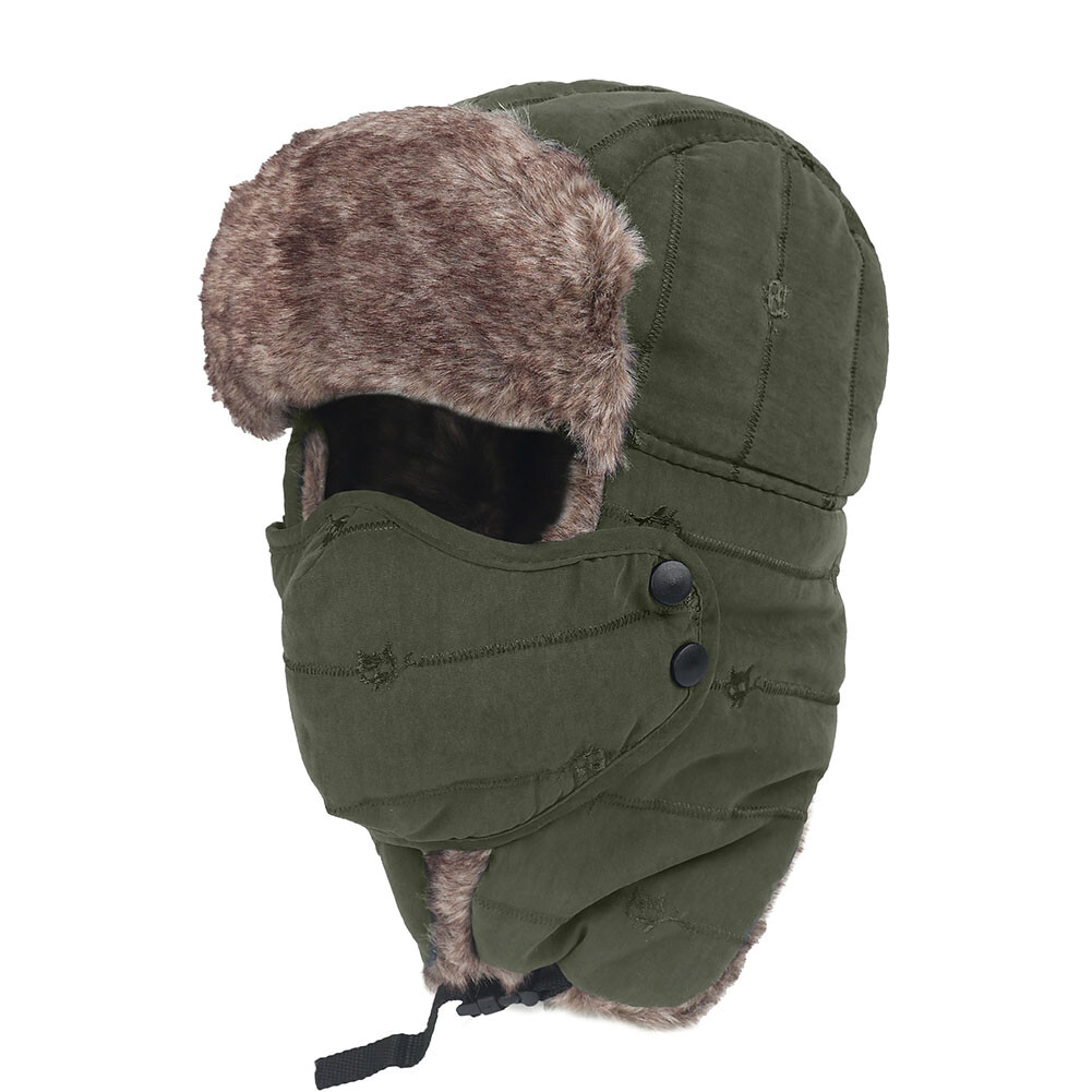 Winter Ski Hat with Ear Flap Removable Face Mask Windproof Faux Fur Hunting Hat