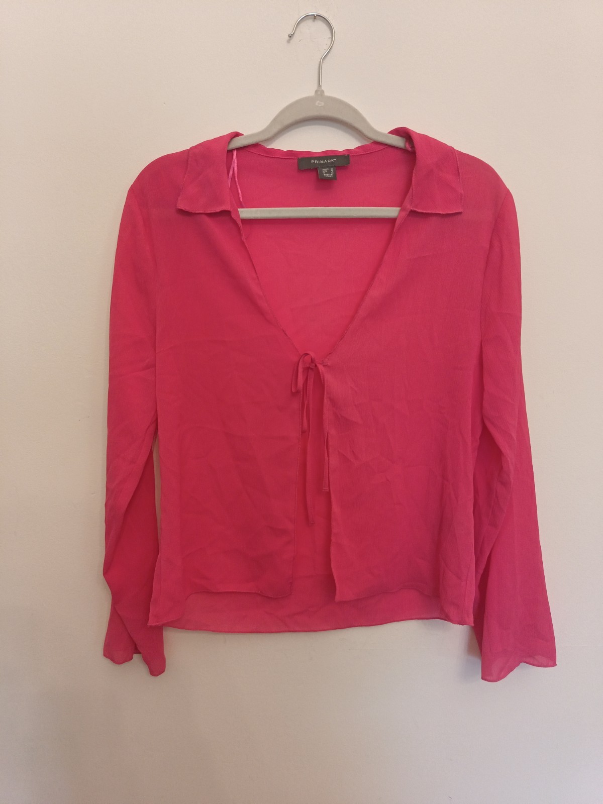 BNWOT Hot Pink Chiffon Blouse Long Sleeve Size 10 Tie Front Lightweight Holiday