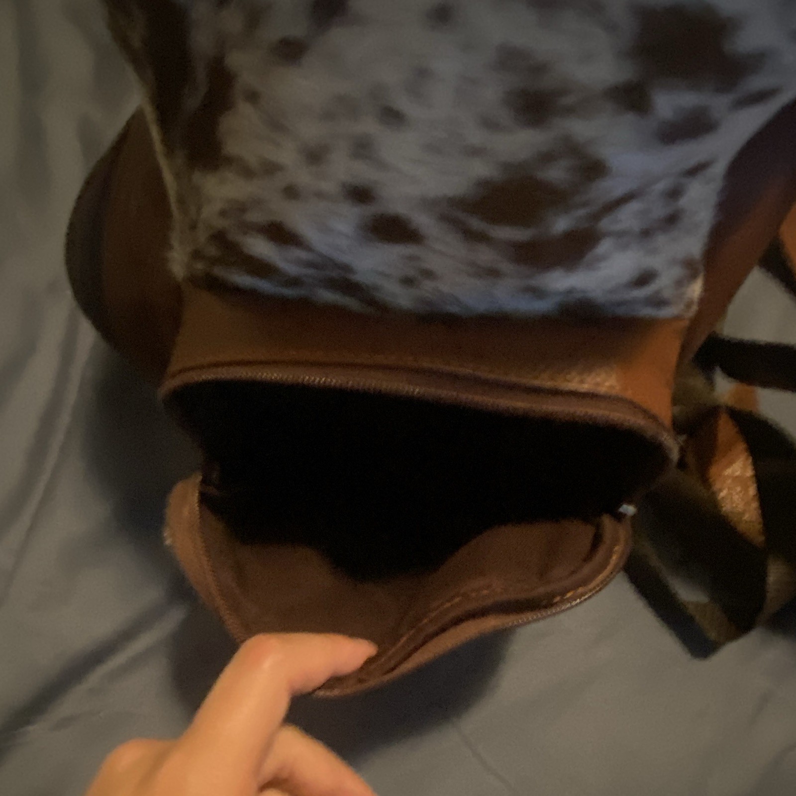 Real Cowhide Backpack Brown/White Zip, Inner Pockets, Adjustable Straps