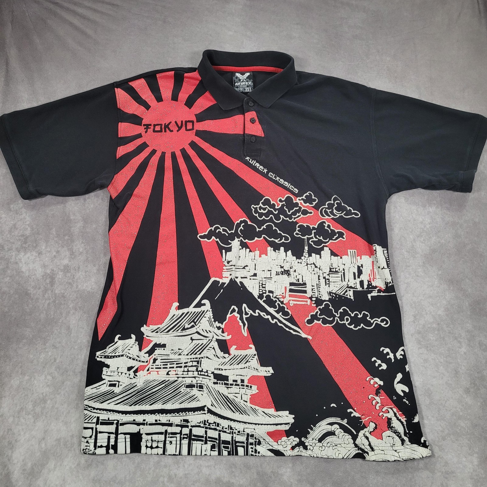 Avirex Classic Polo Shirt Mens 3XL Black Y2K Tokyo Japan Rising Sun City Baggy