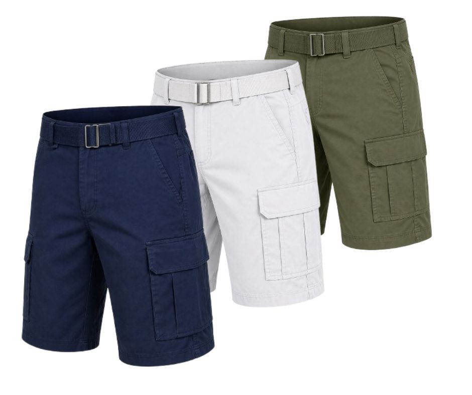 Men’s Cotton Stretch Twill Cargo Shorts with Belt (3-Pack)