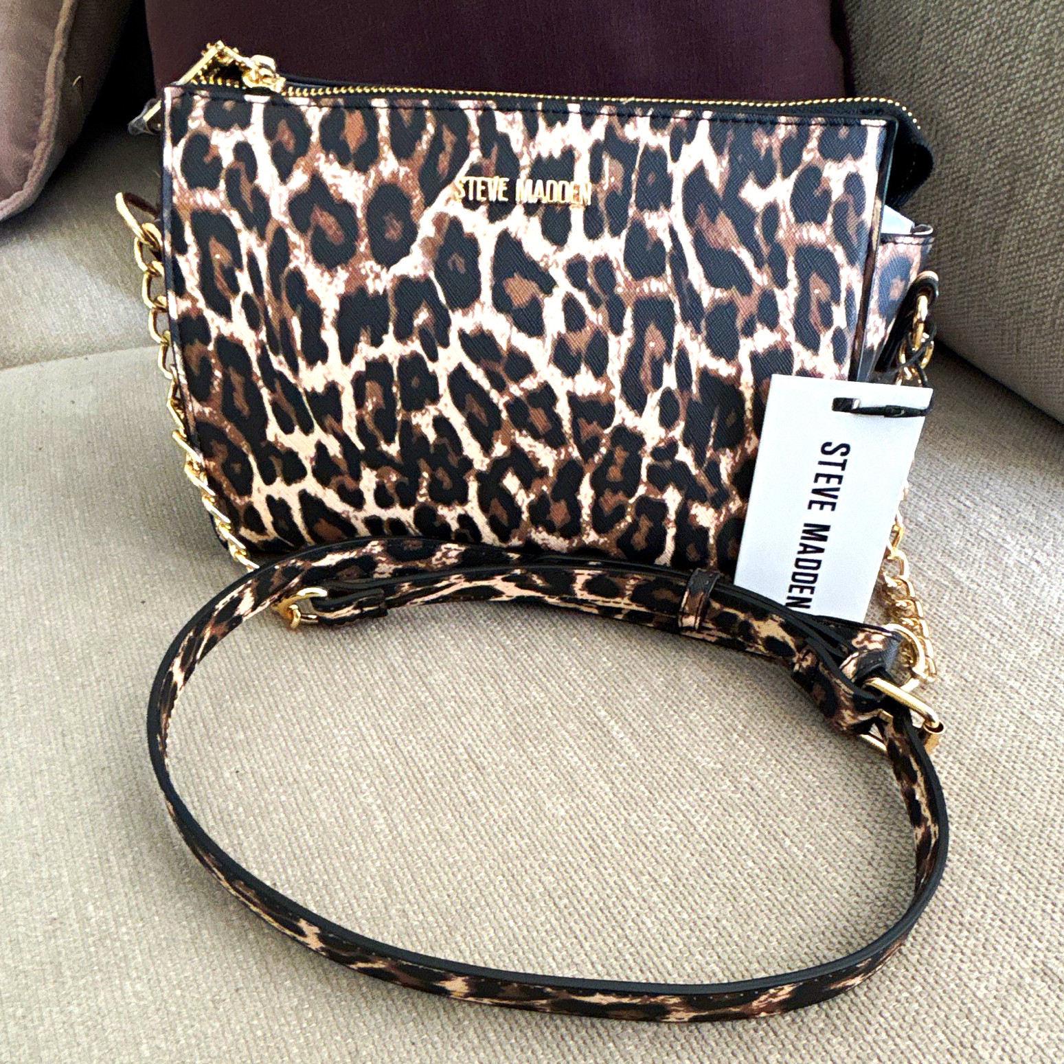 Steve Madden Leopard Animal Print Crossbody Bag Zip Gold Chain Detachable Strap