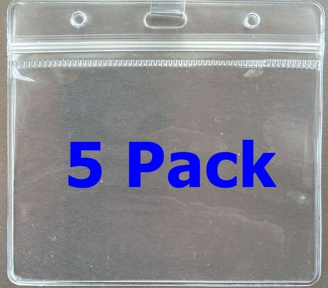 5 ID Badge Card Holder Horizontal Clear Vinyl Zip Lock Work School Free Shipping