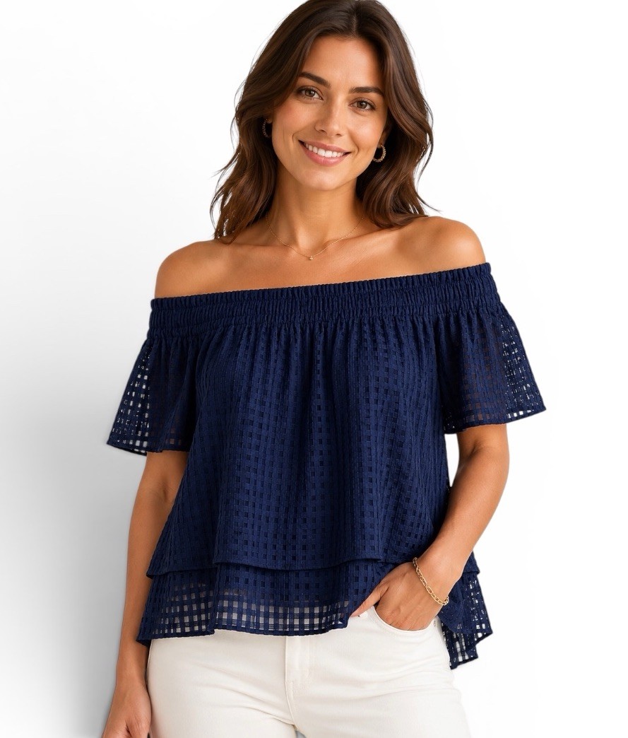 Mollie Burch Loretta Short Sleeve Off the Shoulder Navy Blue Top Women’s Size S