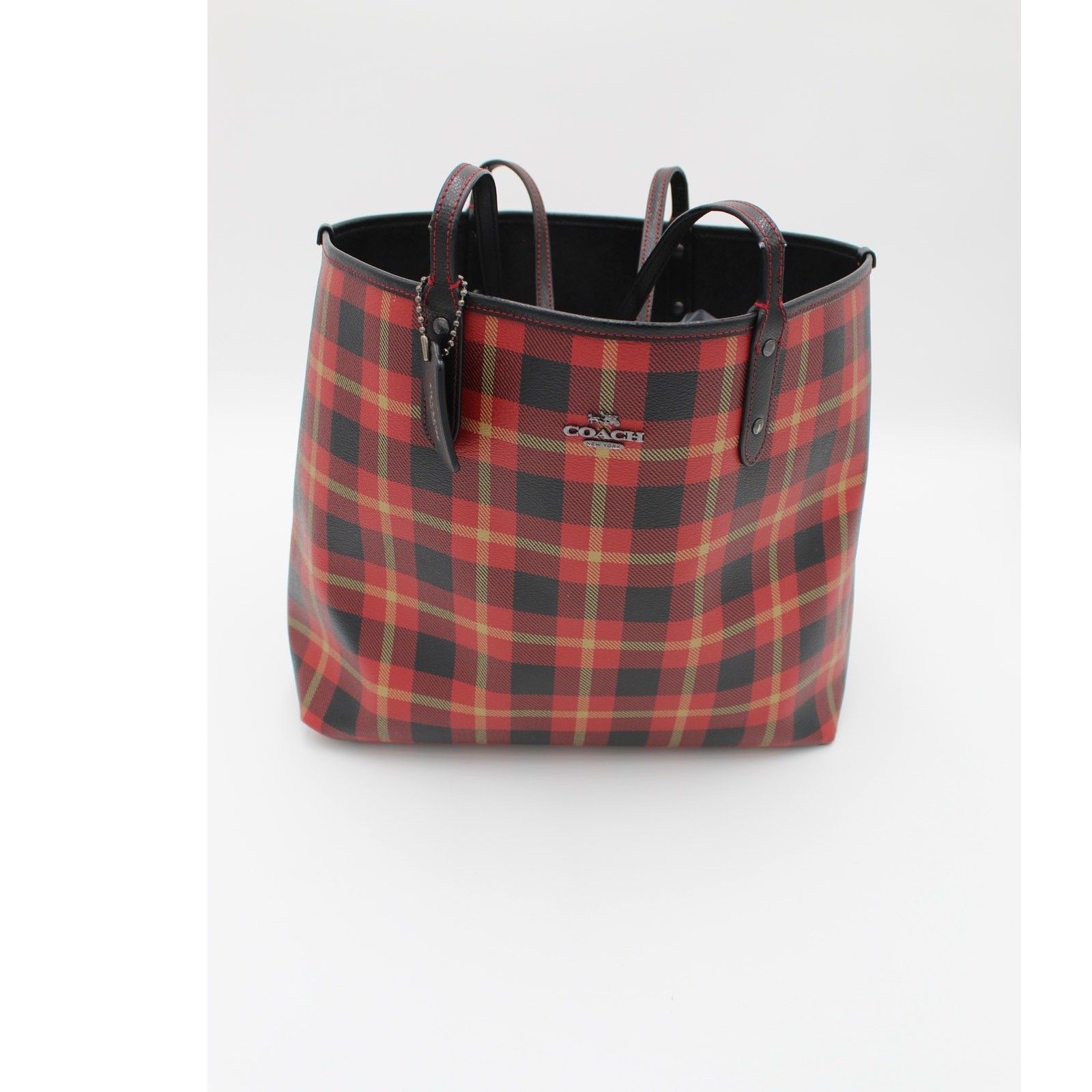 Coach Reversible City Tote Bag Red Black Plaid Large Purse Travel Preppy