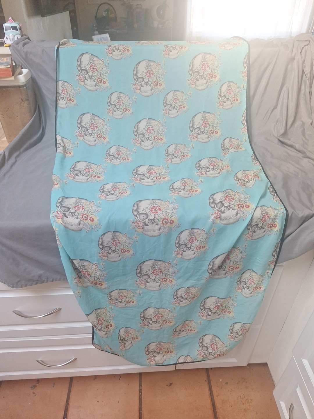 Large Silk Skull Skeleton Scarf Blue Floral 64 x 26 Inches