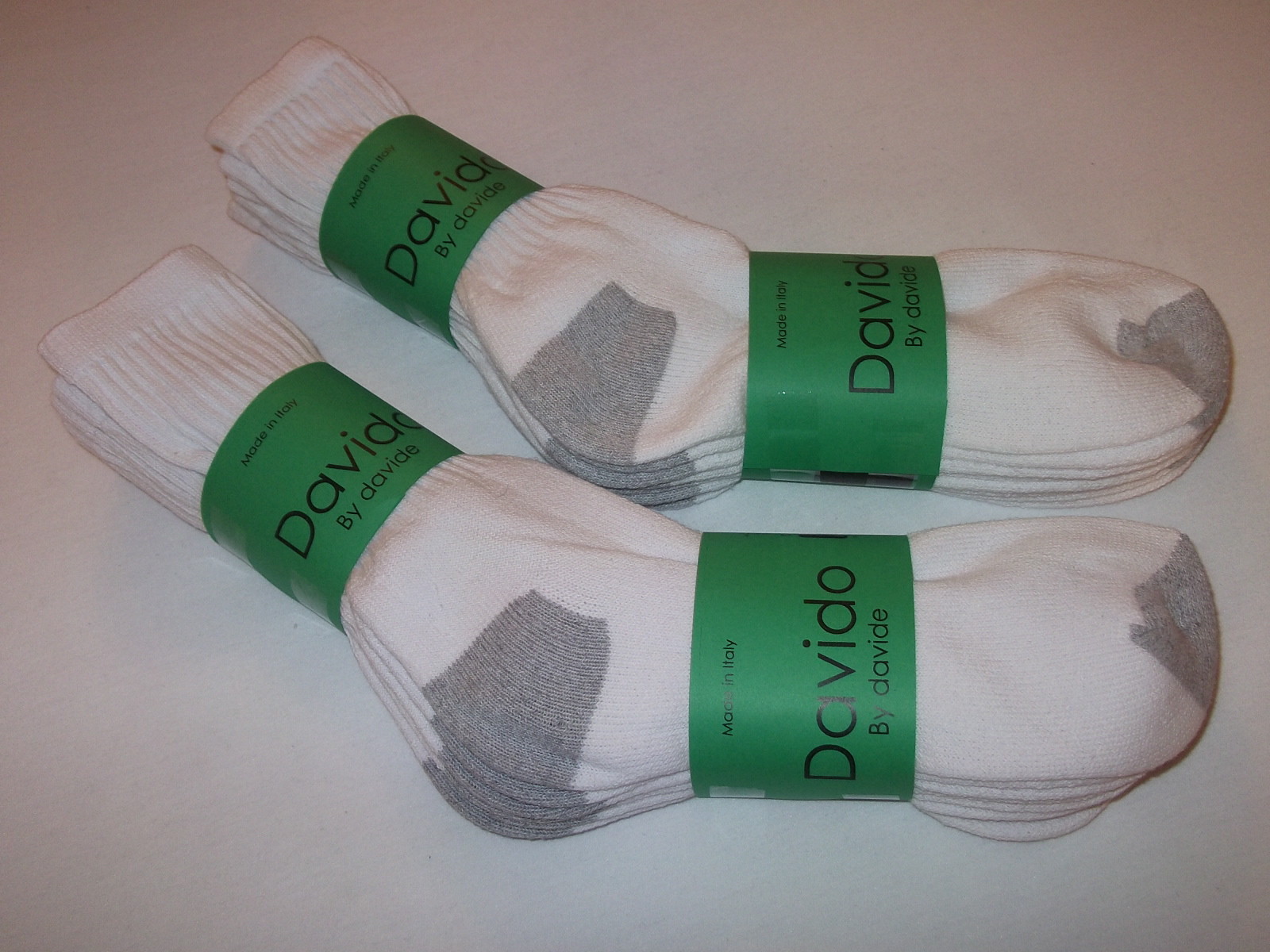 Davido Mens socks crew long 100% cotton made in Italy white/gray 6 pack 9-11