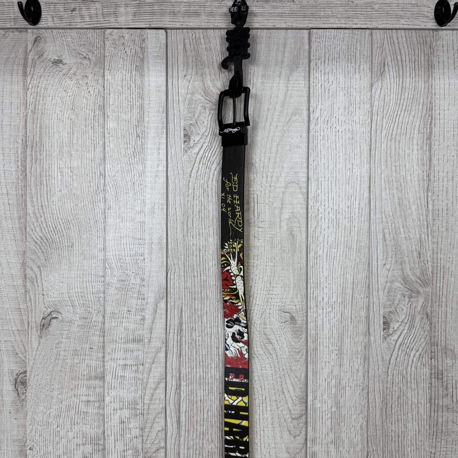 Ed Hardy Men’s Size 36 Reversible Black Leather Belt Dragon Heart Skull Tattoos