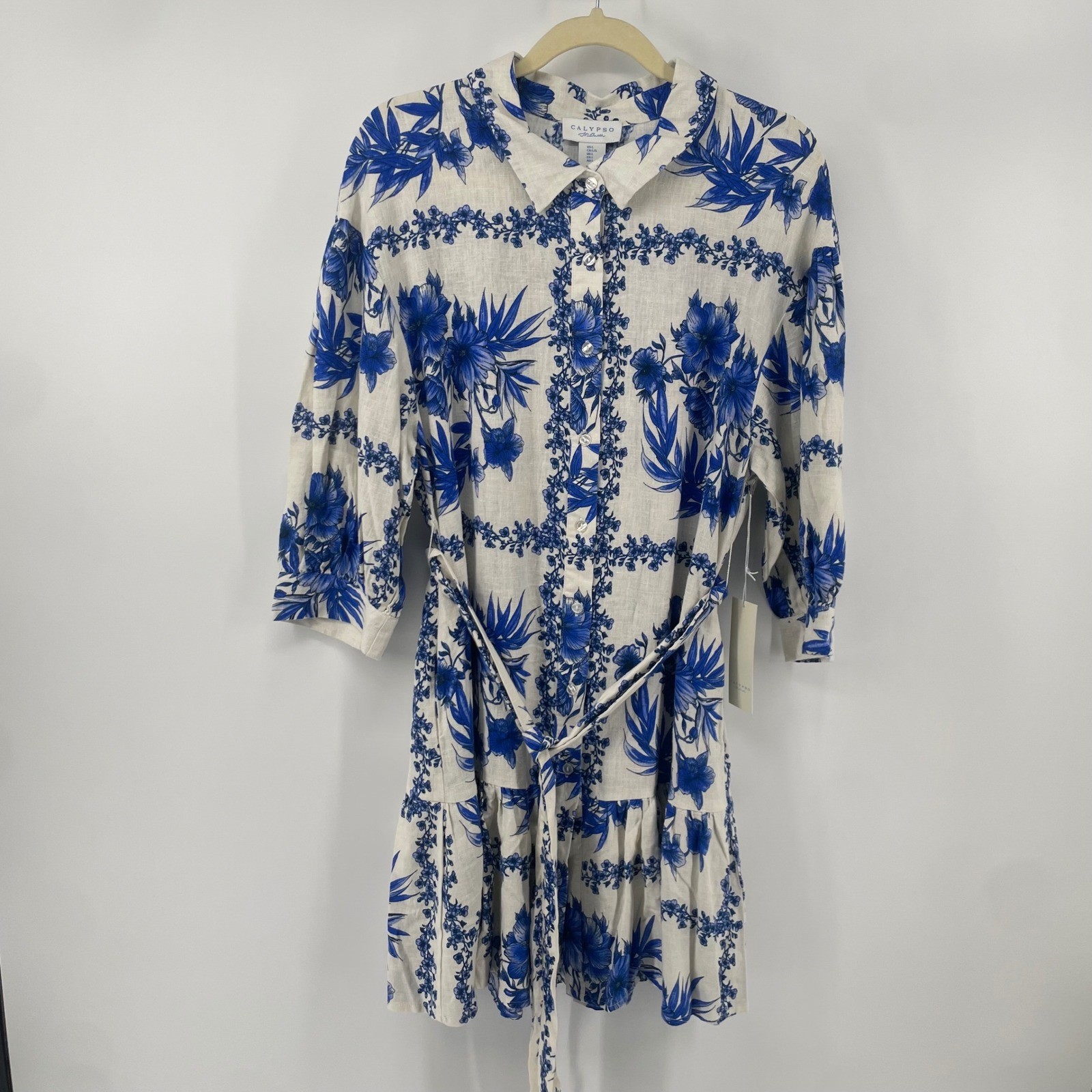 Calypso St Barth Shirt Dress Womens L Blue Floral Linen Tiered Belted Mini NWT