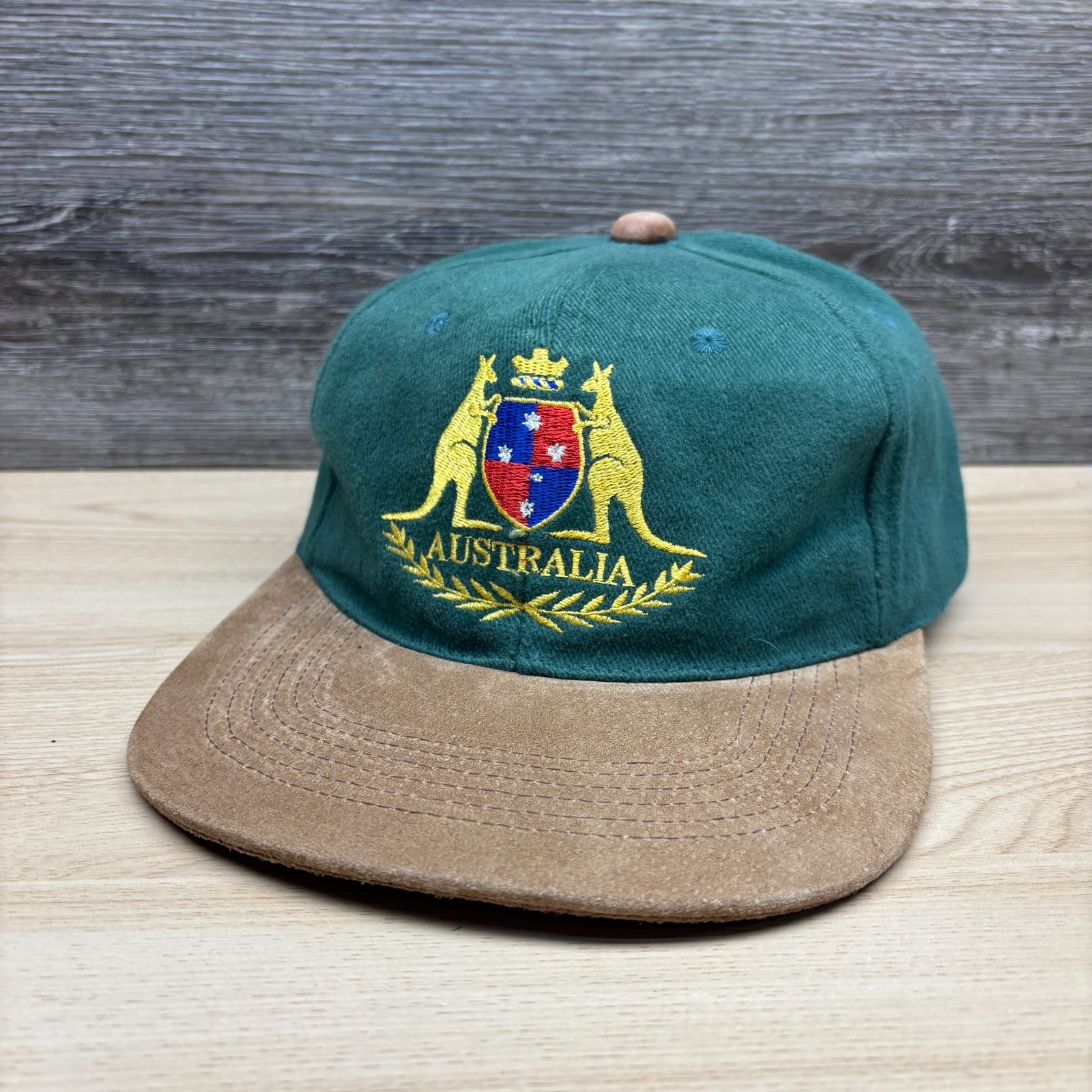 Vintage Australia Hat Cap Snap Back Green Tan Kangaroo Logo Mens