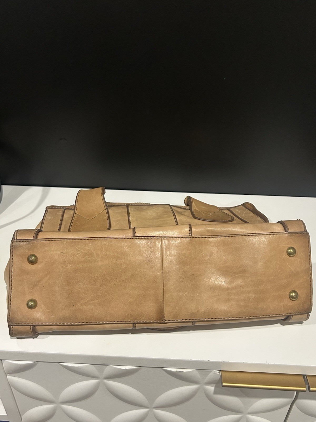 Vintage FOSSIL Reissue Tan Leather Satchel Shoulder Bag Purse Y2K Boho Key Charm