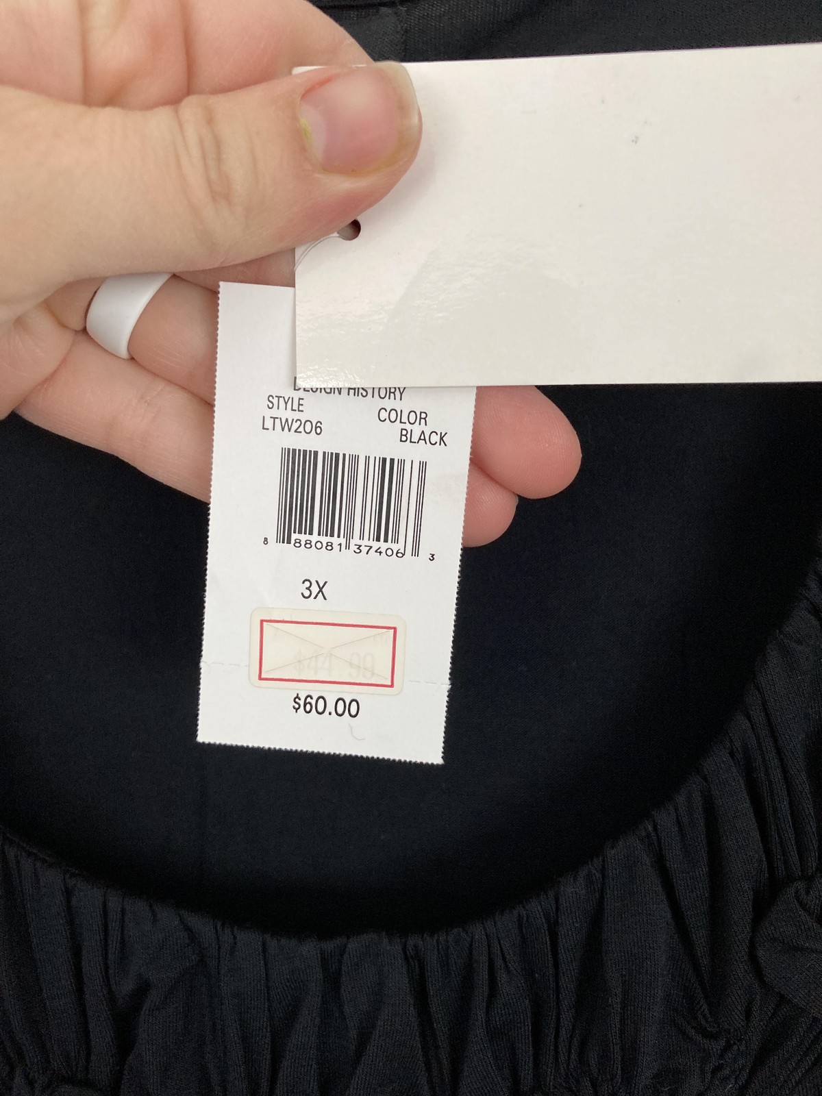 Design History U-knit Top Women 3X Black Scoop Neck Rosette 3/4 Sleeve Tunic NWT