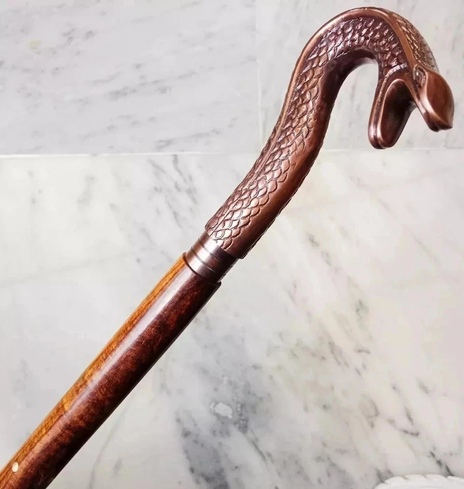 Snake Head Brass Handle Walking Cane Handcrafted Wooden Stick Vintage Cobra Gift