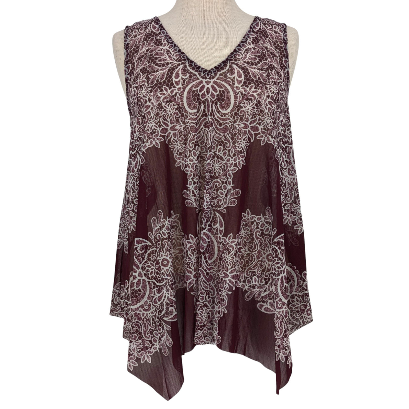 Boho Asymmetrical Tank Top M Sheer Burgundy Flowy Whimsigoth Dark Romance Layer