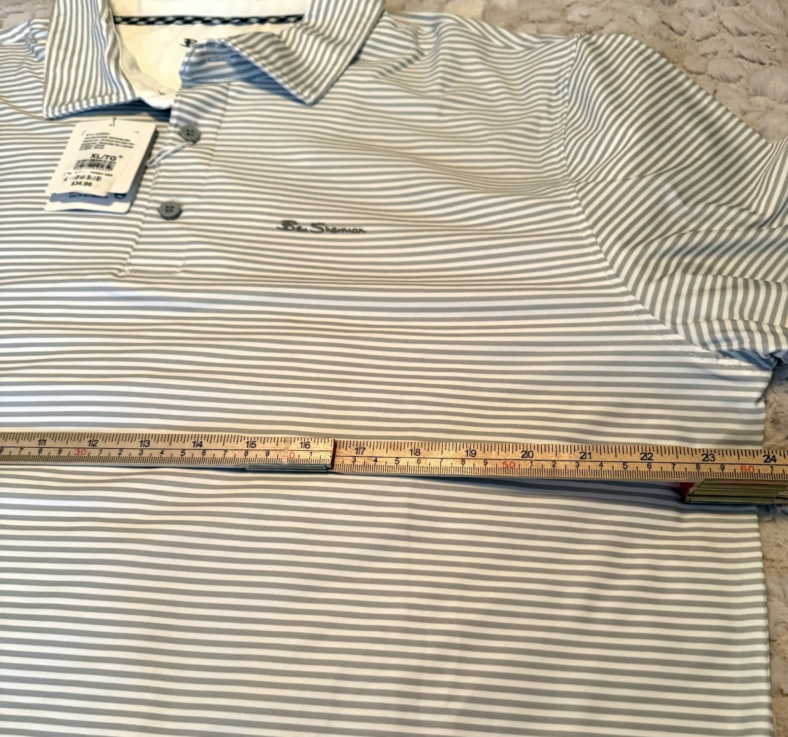 NWT-Ben Sherman Sport GolfShirt Men XL Stripe White/Blanc ShortSleeve Stretch-HH