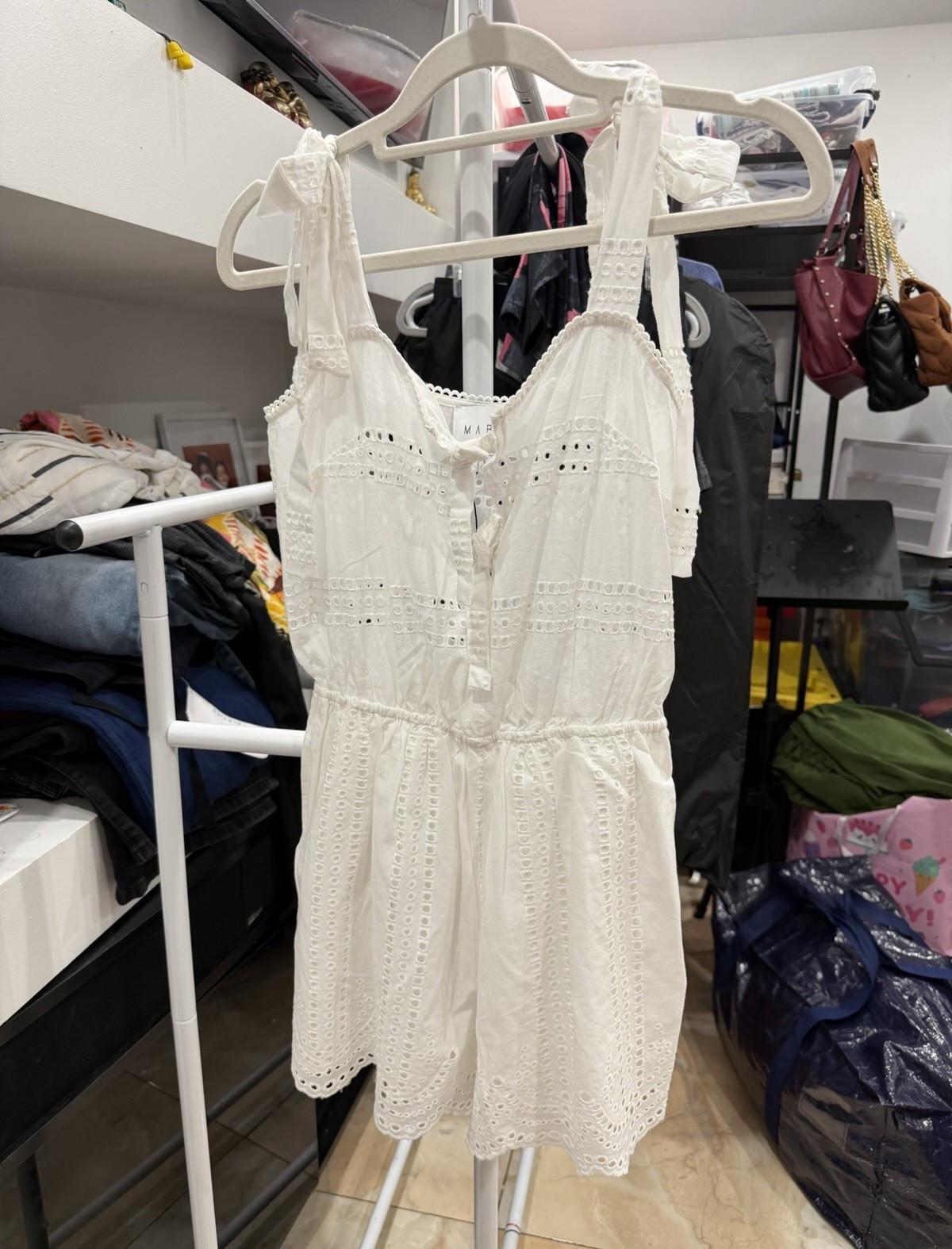 mable white eyelet woven romper v-neck adjustable straps button front size S