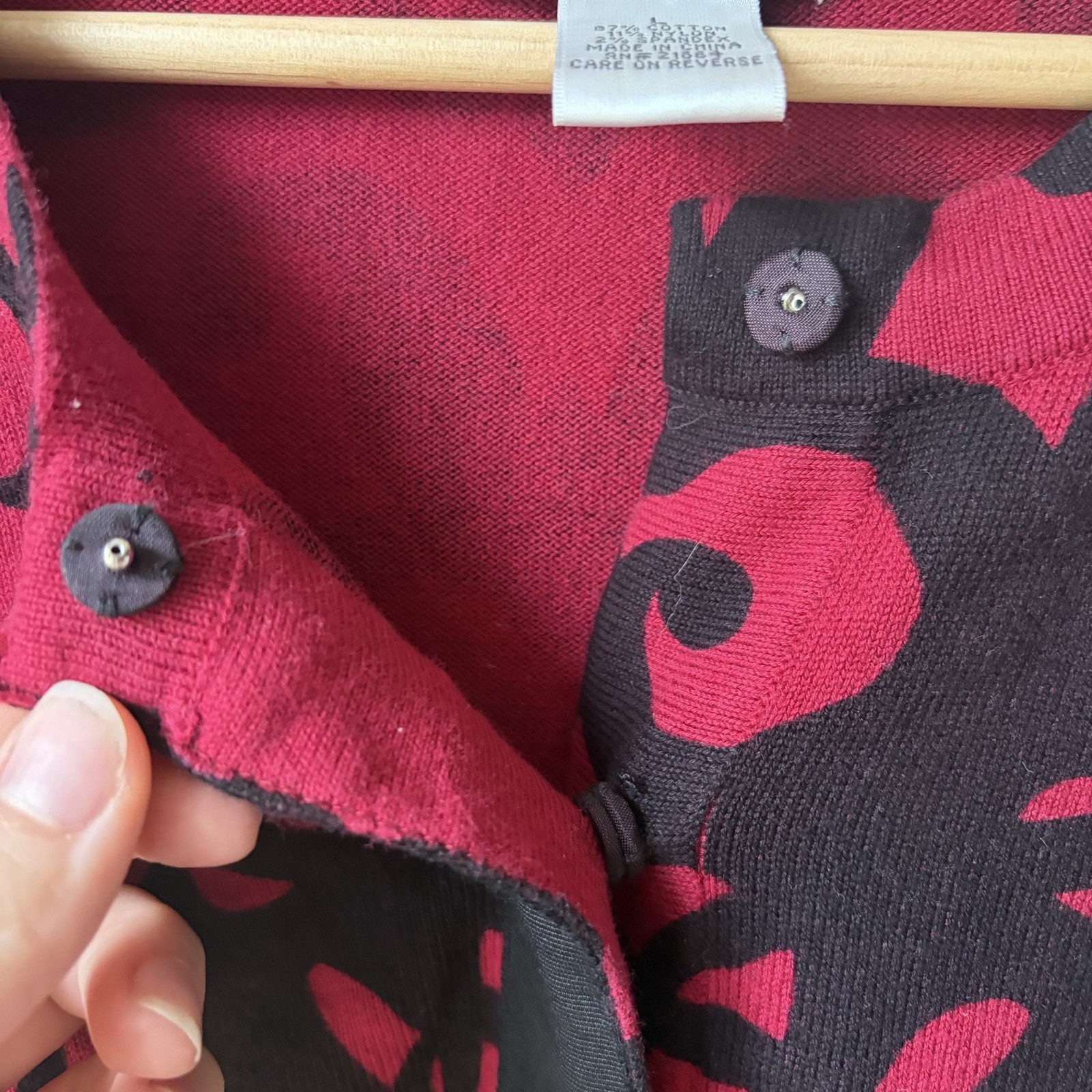 FOXCROFT Womens Cotton/Nylon/Spandex Red- Black Scroll Design Cardigan Sweater L