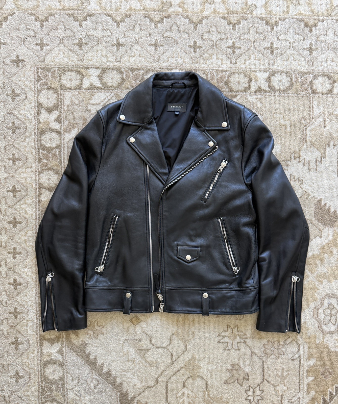 Mackage Black Lambskin Moto Leather Jacket Asymmetrical Zip Size 42 Mens