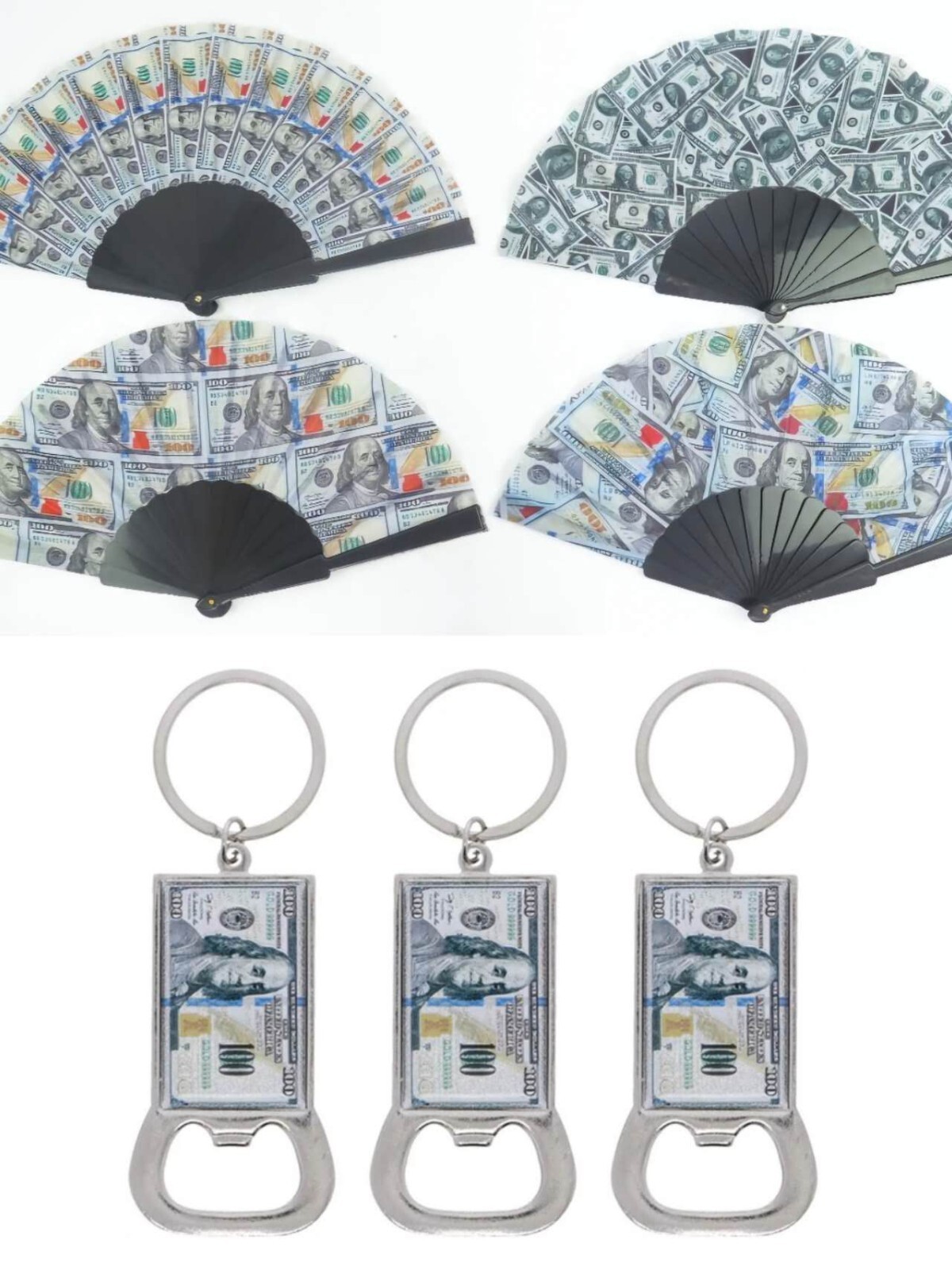 24pcs Hundred Dollar money funny gift keychain and fans casino night vegas favo