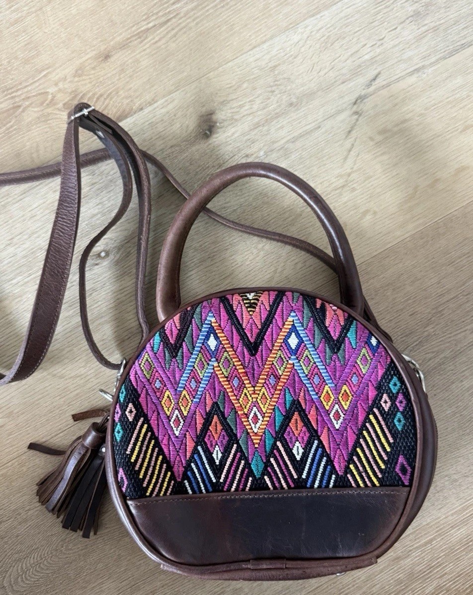 Brown Multicolor Geometric Round Crossbody Bag Zip Top Tassel Detachable Strap