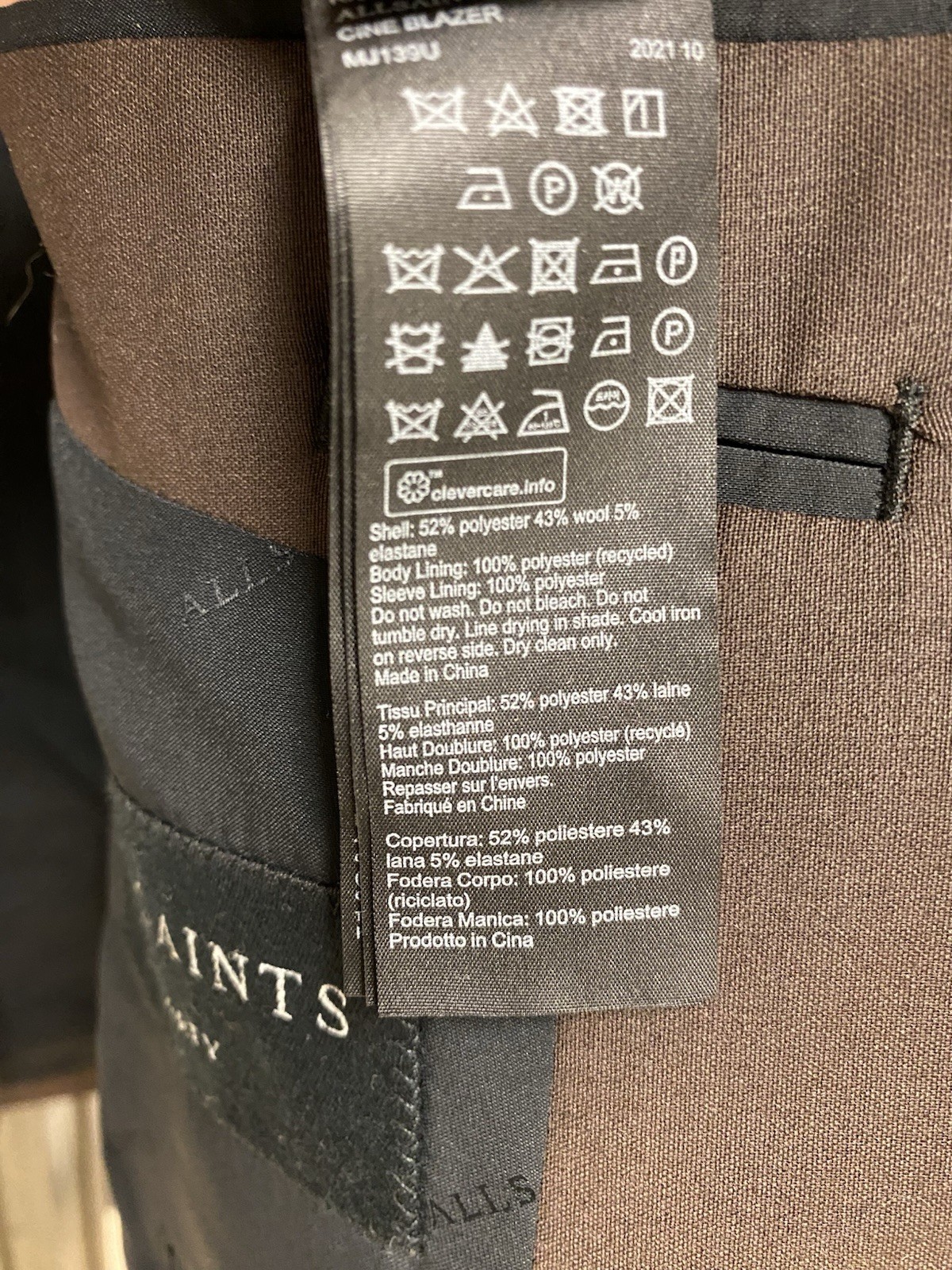 ALLSAINTS Men’s Wool Bland Cina Blazer Brown sz 40r