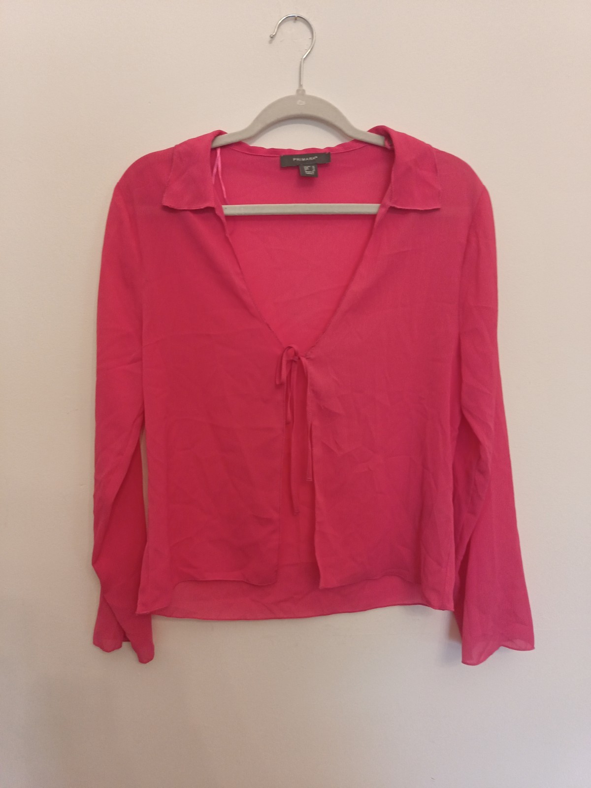 BNWOT Hot Pink Chiffon Blouse Long Sleeve Size 10 Tie Front Lightweight Holiday