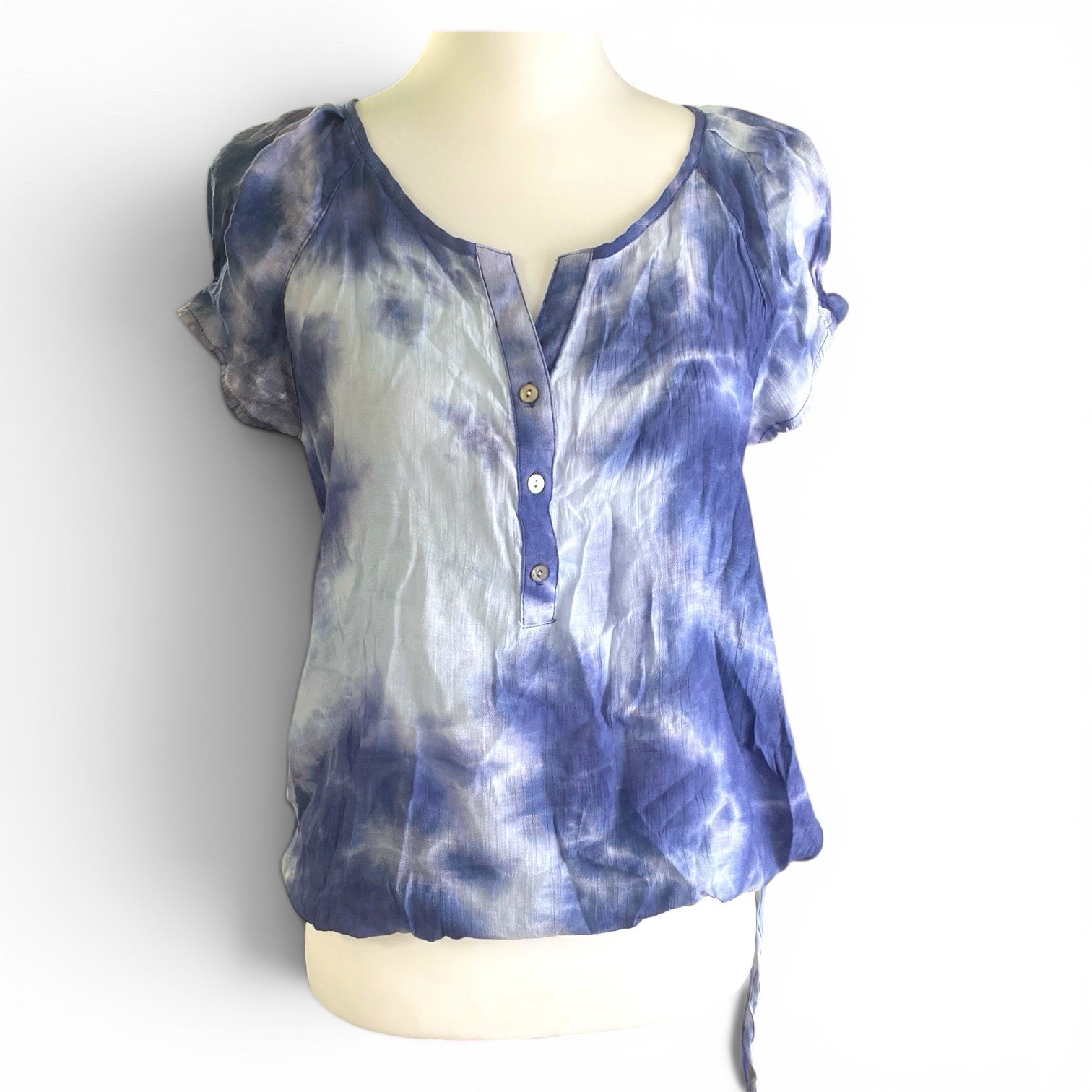 Brina & Em Women Blue White Tie-Dye Short Sleeve Button Blouse Top Sz S, NWT