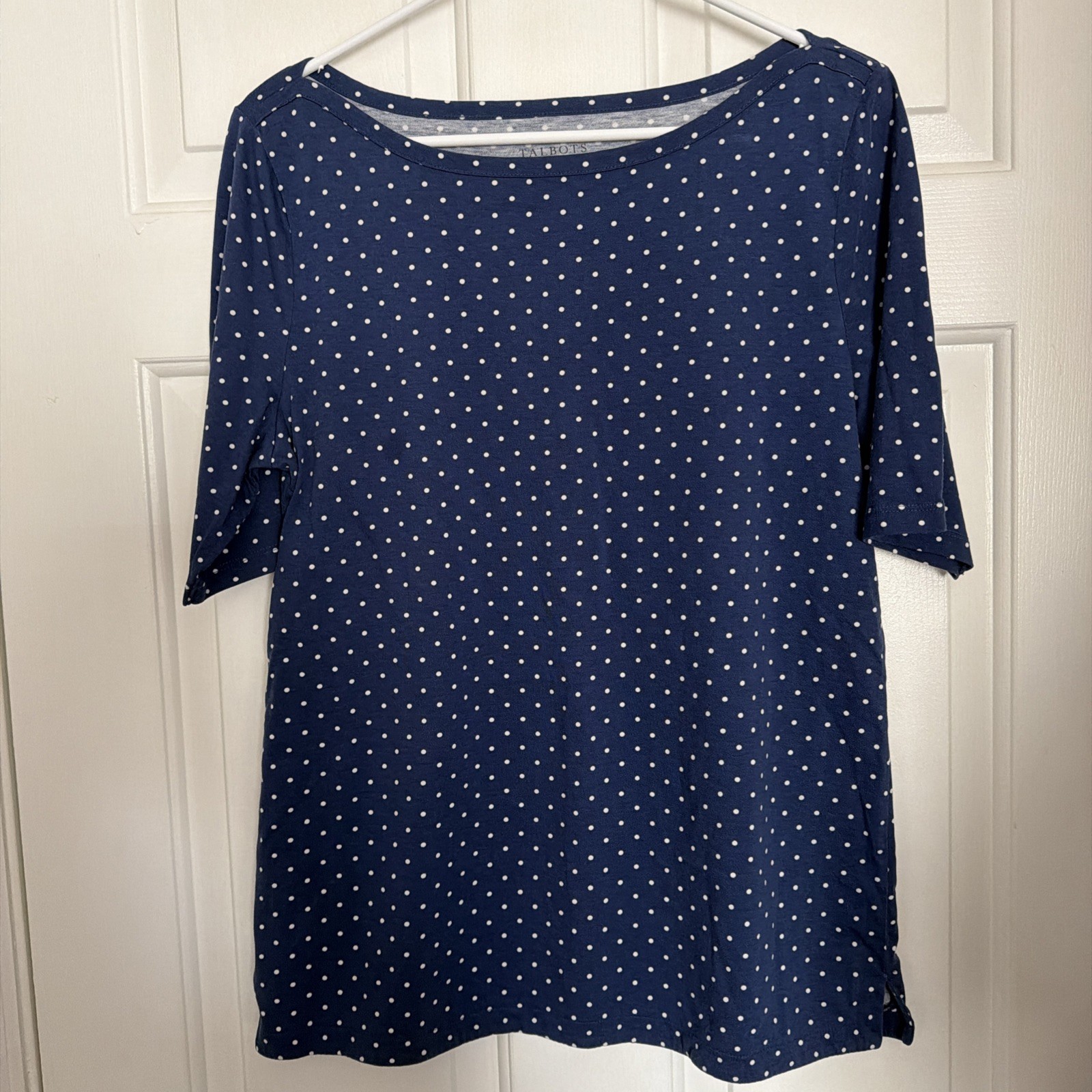 Talbots Women’s Size L Short Sleeve Polkadot Blue & White 100% Pima Cotton ￼￼